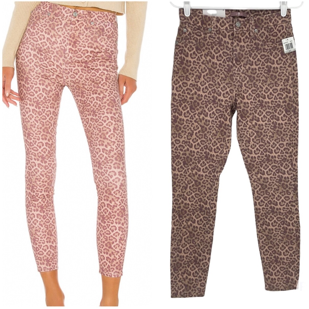 7 FOR ALL MANKIND NWT THE HIGH WAIST ANKLE SKINNY LEOPARD PRINT BROWN JEANS 27